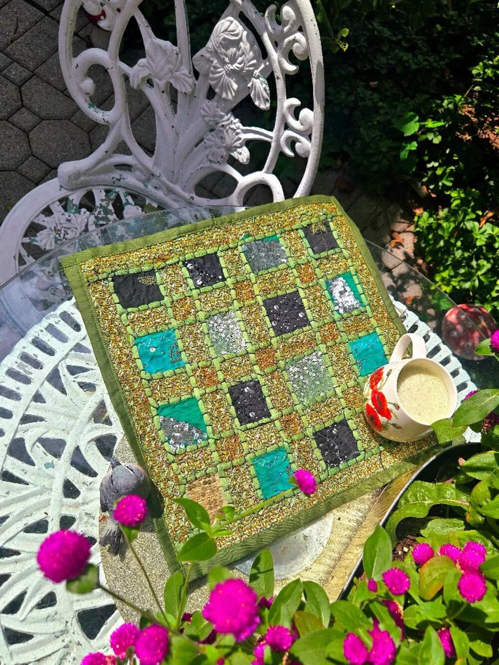 Vintage Pier 1 Imports Beaded Patchwork Placemat – Green & Gold Boho Table Decor